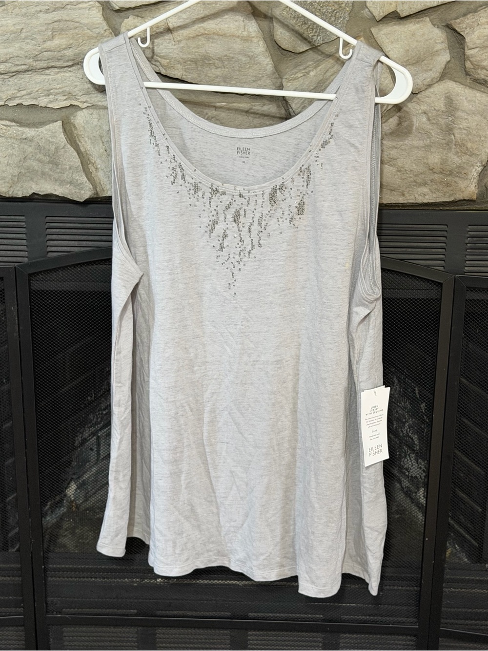 Eileen Fisher Light Gray Scoop Neck Tank with Silver Sequin Accent